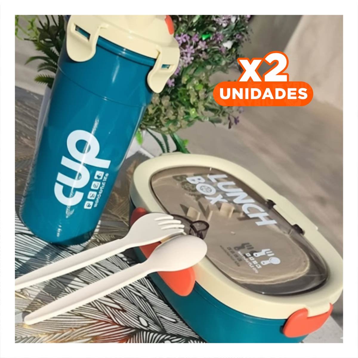 PACK2 ENVASE 850ML CON CUBIERTOS CREMA Y AZUL MARINO LLEVAR ALMUERZOS Y+PAPEL REGALO - 1