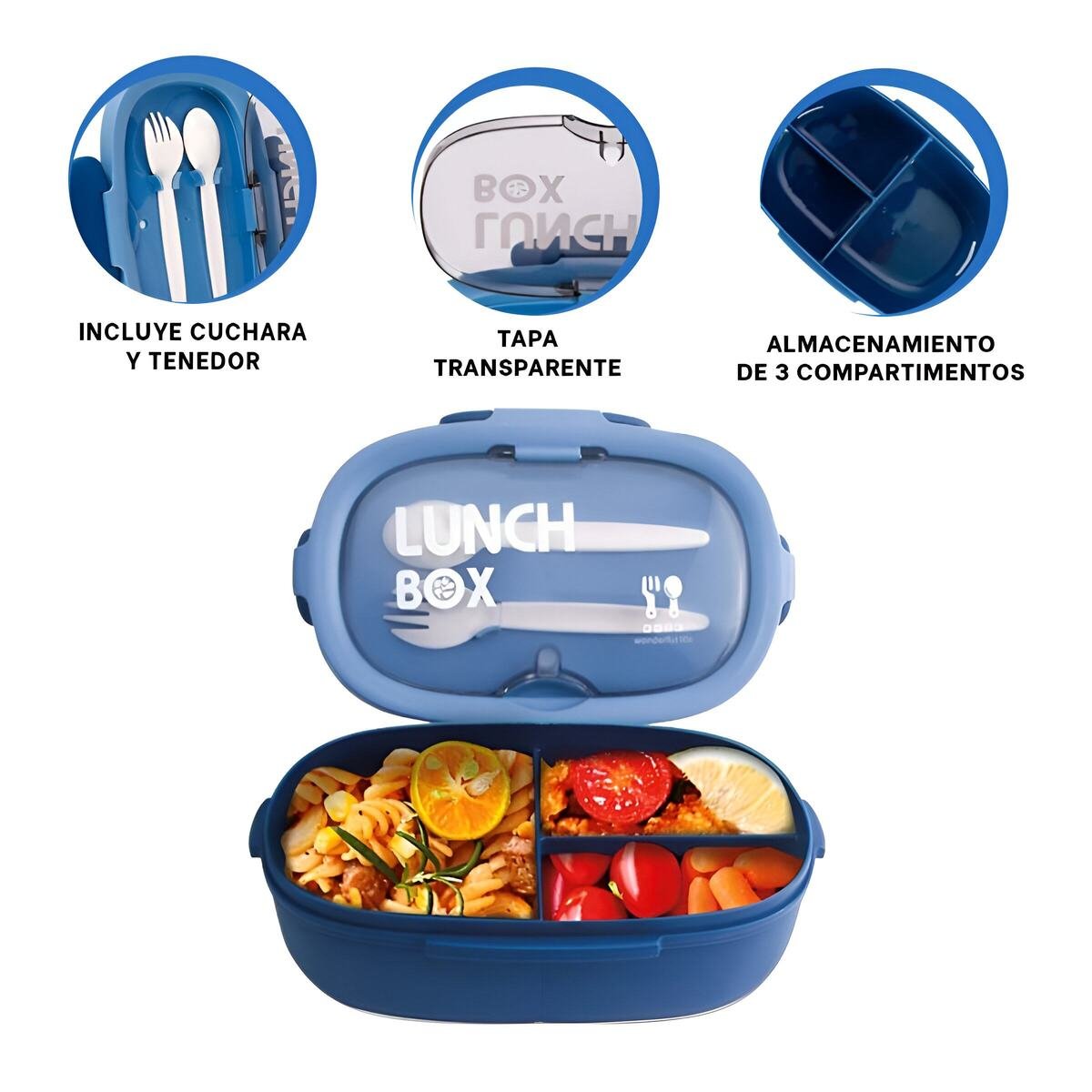 LONCHERA 850ML CON CUBIERTOS AZUL PARA ESTUDIO COLEGIO Y LLEVAR FACIL Y+LIGAS REGALO - 5