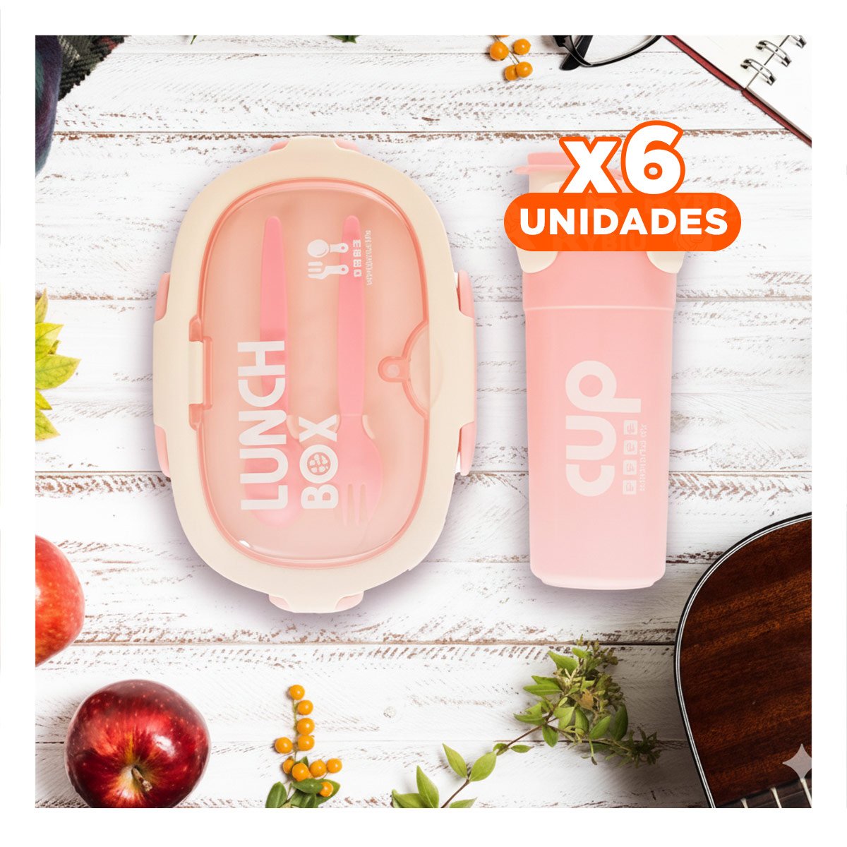 PACK6 PORTA COMIDA 850ML CON CUBIERTOS Y TOMATODO 480ML ROSADO PARA TRABAJO Y+PAPEL REGALO - 1