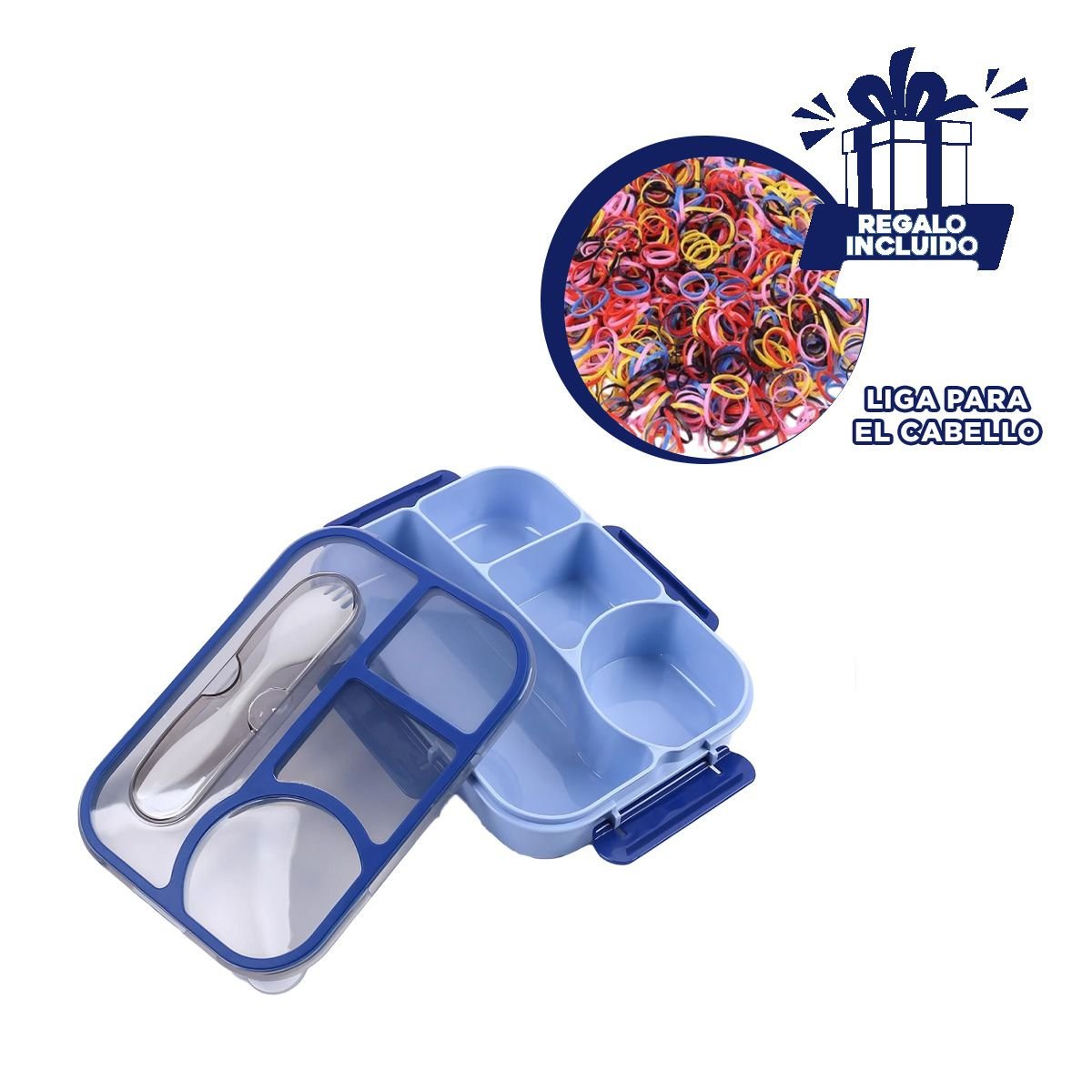 CAJA RECTANGULAR 4 ESPACIOS CON TENEDOR 1100ML AZUL PRACTICO VERSATIL Y+LIGAS REGALO - 2