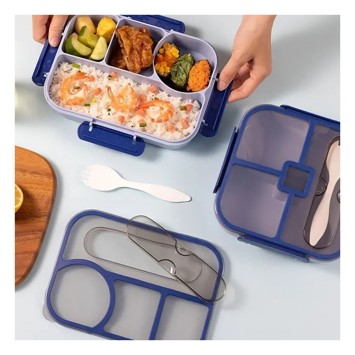 CAJA RECTANGULAR 4 ESPACIOS CON TENEDOR 1100ML AZUL PRACTICO VERSATIL Y+LIGAS REGALO - 3