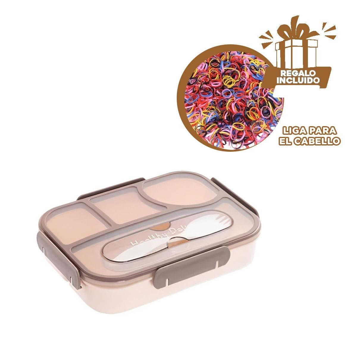 CAJA RECTANGULAR 4 ESPACIOS CON TENEDOR 1100ML MARRON PRACTICO VERSATIL Y+LIGAS REGALO - 2