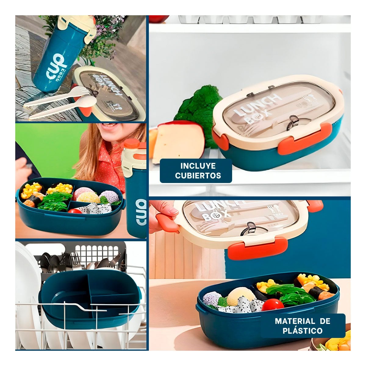 LONCHERA 850ML CON CUBIERTOS CREMA Y AZUL MARINO PARA TRANSPORTAR ALMUERZOS Y+PAPEL REGALO - 3