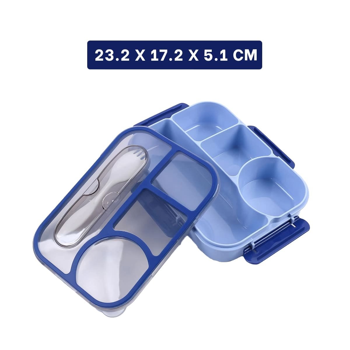 CAJA RECTANGULAR 4 ESPACIOS CON TENEDOR 1100ML AZUL DURADERO REFORZADO Y+POST IT - 4