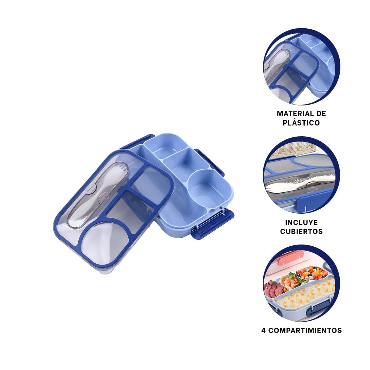 CAJA RECTANGULAR 4 ESPACIOS CON TENEDOR 1100ML AZUL DURADERO REFORZADO Y+POST IT - 5