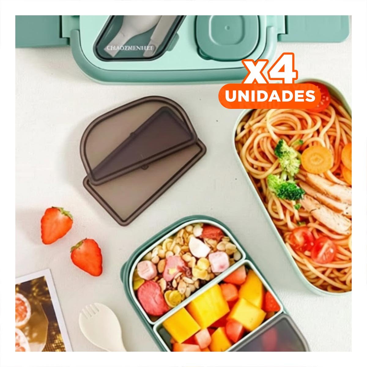 PACK4 ENVASE 2 PISOS CON COMPARTIMIENTOS Y CUBIERTOS VERDE LLEVAR ALMUERZOS Y+PAPEL REGALO - 1
