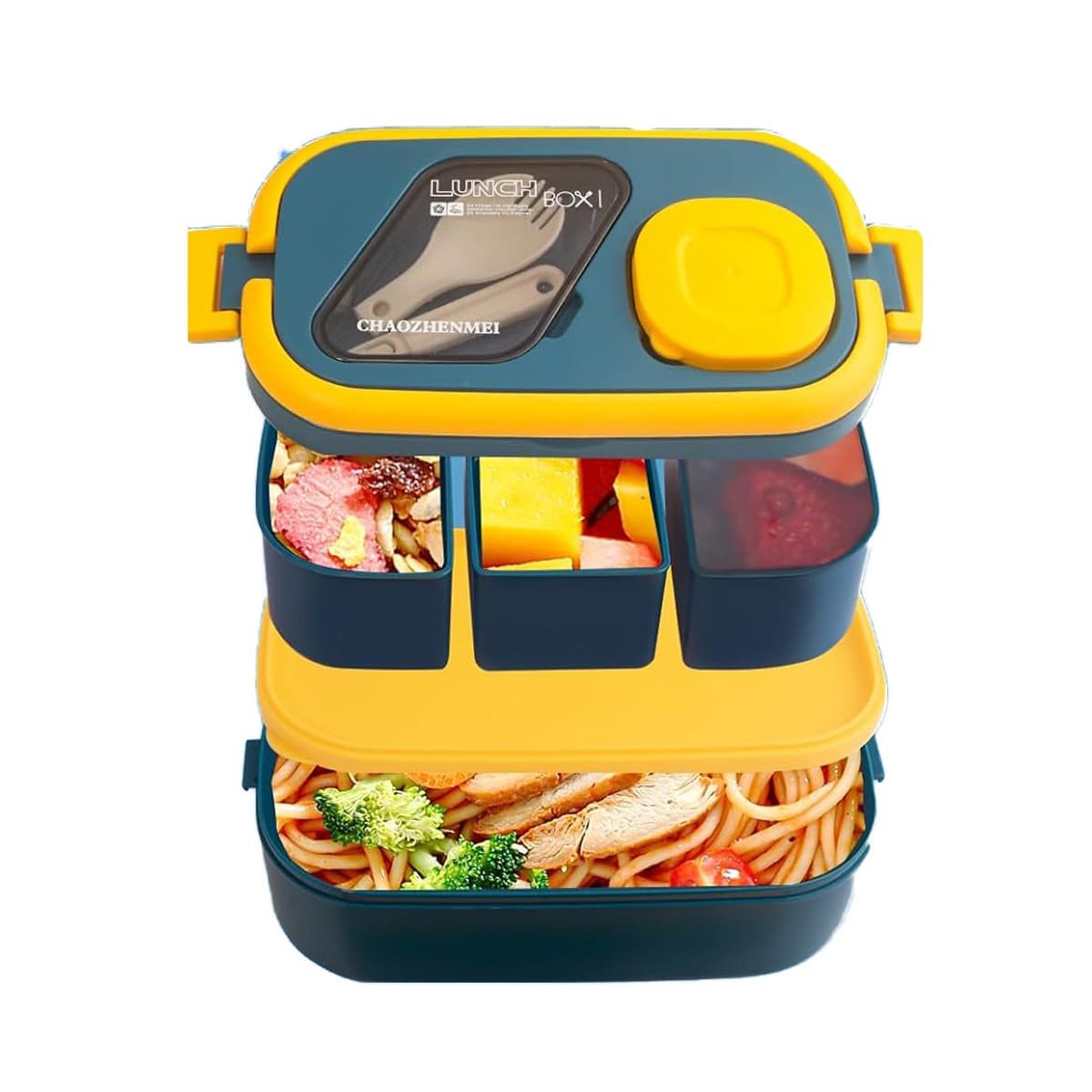 TAPER PORTÁTIL 2 PISOS CON SEPARADORES AZUL Y AMARILLO PARA TRANSPORTAR COMIDA Y+REGALO STICKER - 1