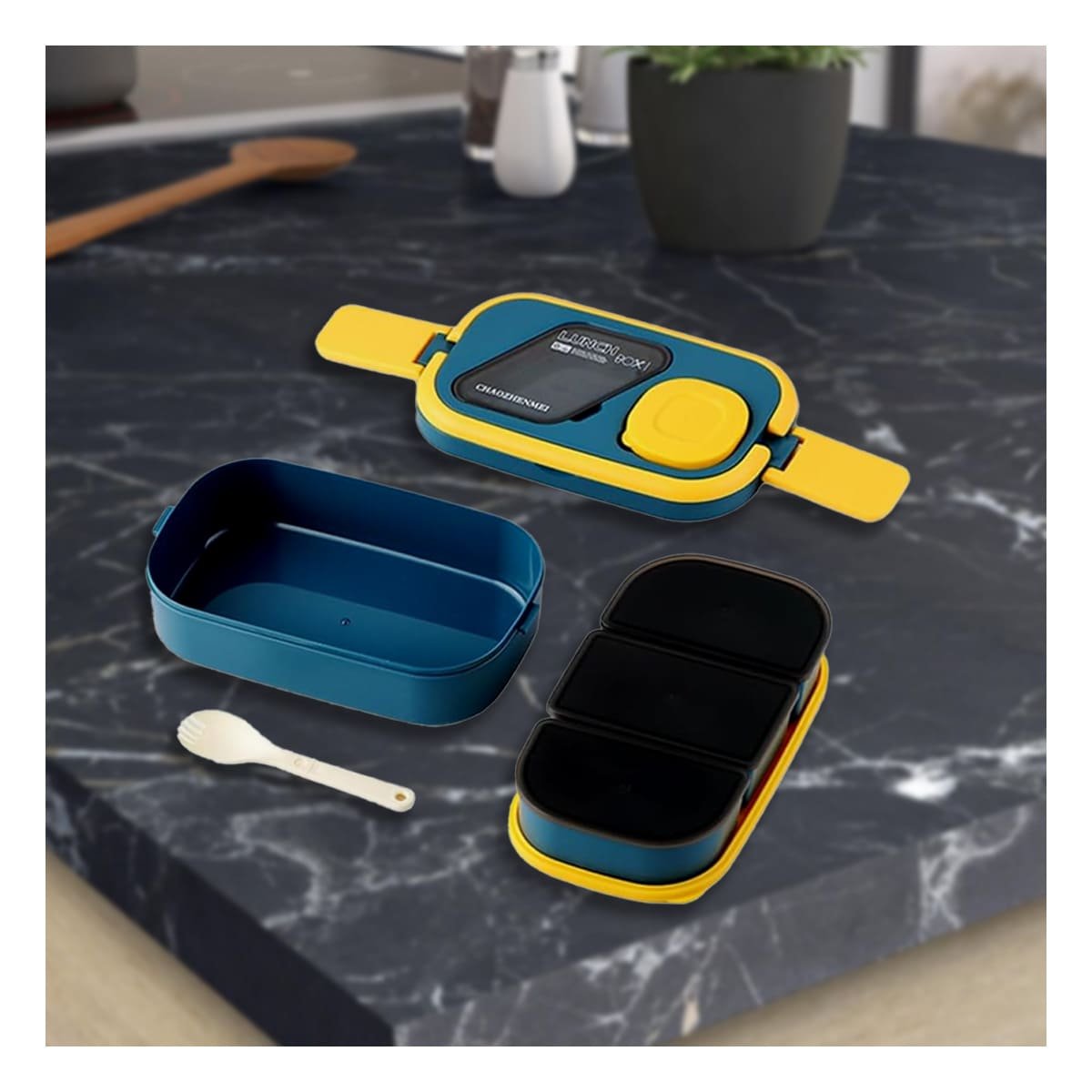 TAPER PORTÁTIL 2 PISOS CON SEPARADORES AZUL Y AMARILLO PARA TRANSPORTAR COMIDA Y+REGALO STICKER - 3