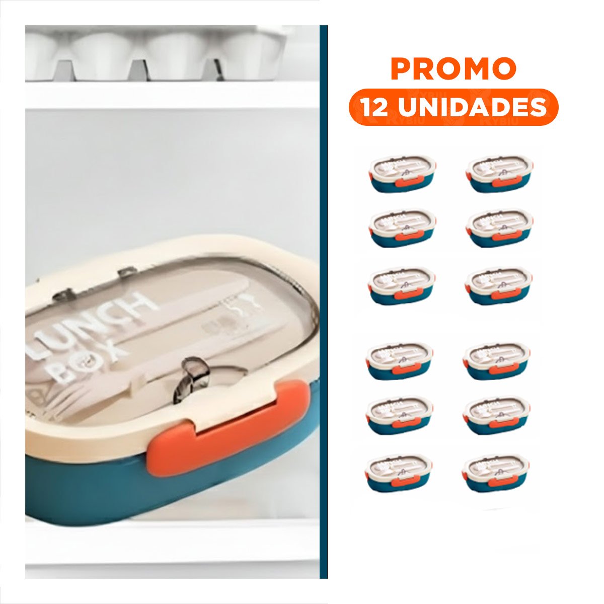 PACK12 PORTA COMIDA 850ML CON CUBIERTOS CREMA Y AZUL MARINO TRANSPORTE ALMUERZOS - 1