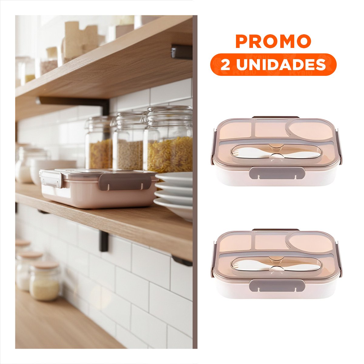 PACK2 ESTUCHE RECTANGULAR 4 ESPACIOS CON TENEDOR 1100ML MARRON RESISTENTE Y+REGALO STICKER - 1