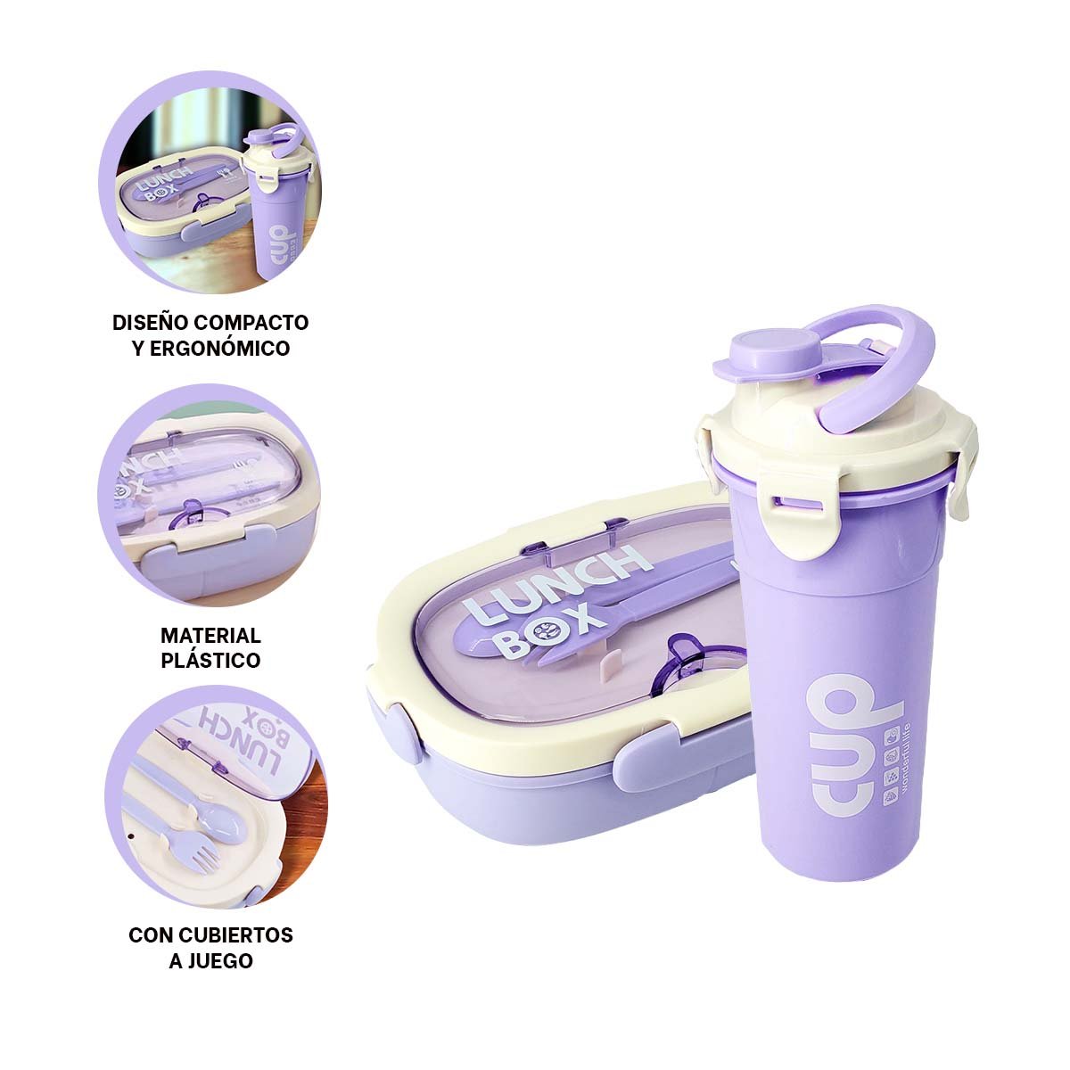 CAJA 850ML CON CUBIERTOS Y TOMATODO 480ML LILA MODERNO PRACTICO DIARIO Y+PAPEL REGALO - 5