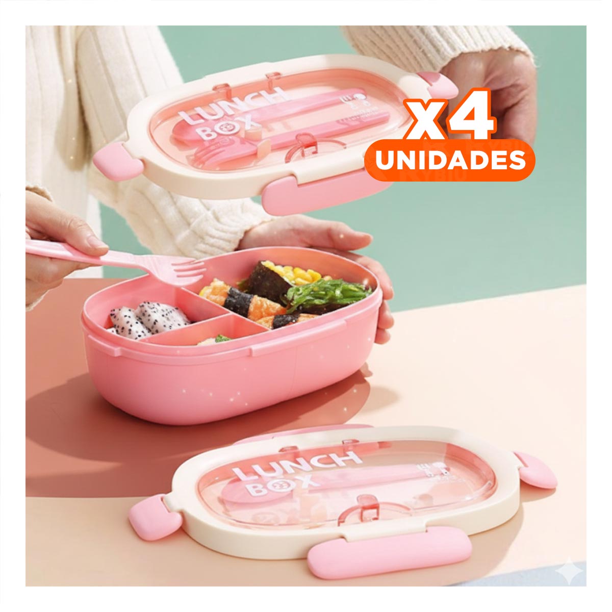 PACK4 PORTA COMIDA 850ML CON CUBIERTOS Y TOMATODO 480ML ROSADO PARA HOGAR Y+REGALO STICKER - 1