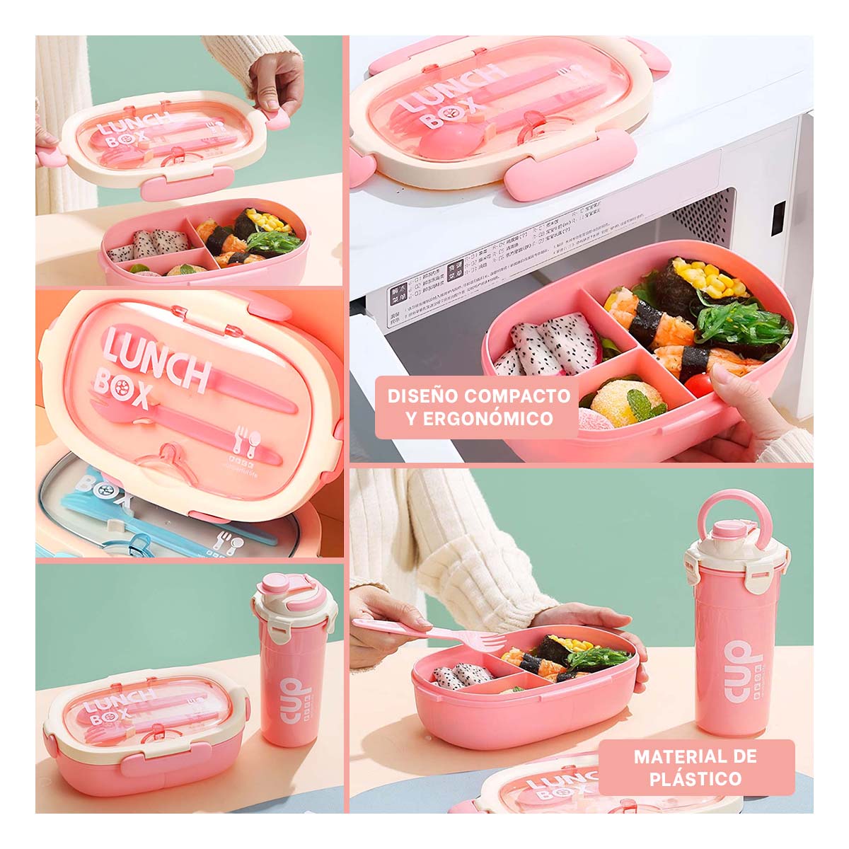 PACK4 PORTA COMIDA 850ML CON CUBIERTOS Y TOMATODO 480ML ROSADO PARA HOGAR Y+REGALO STICKER - 2