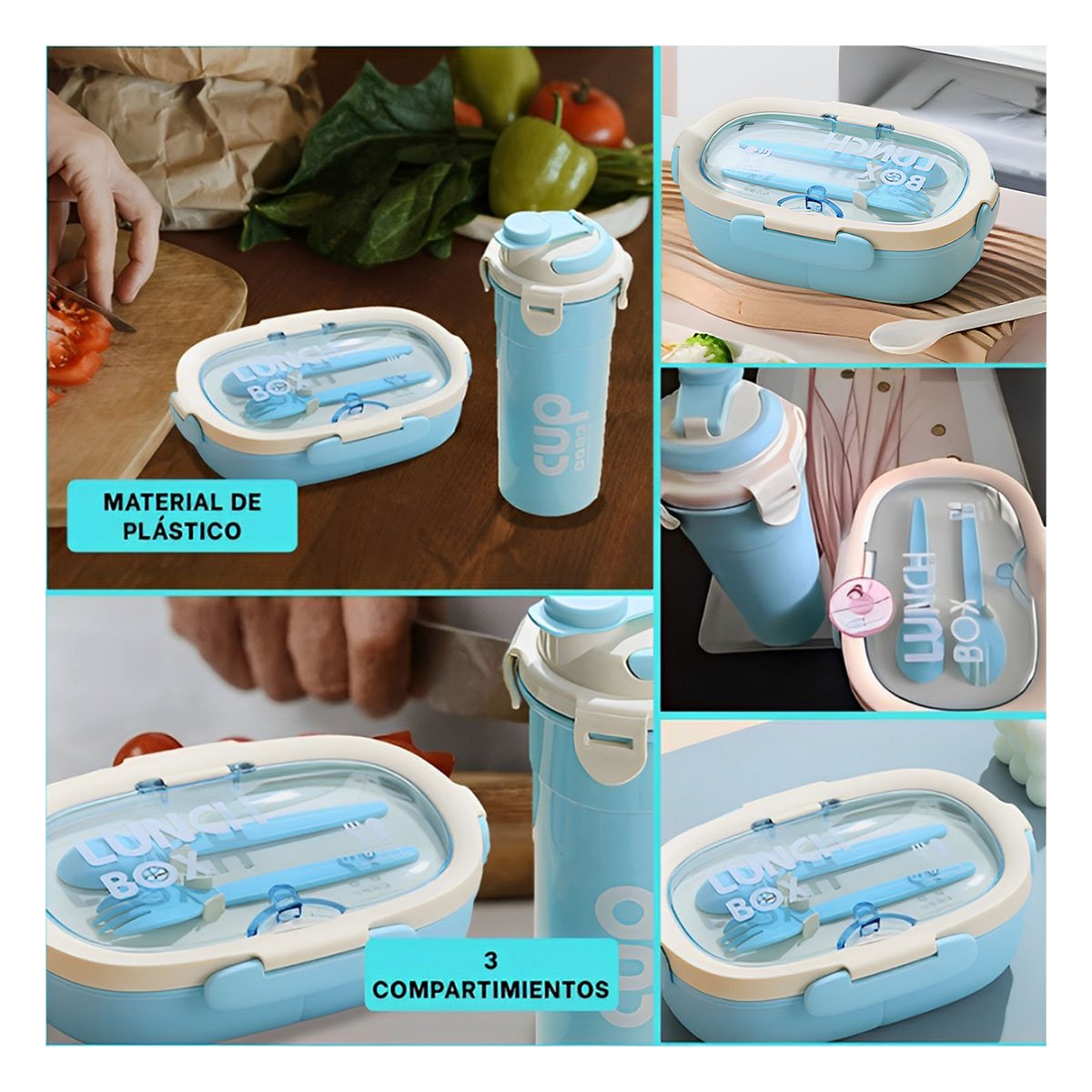 CAJA 850ML CON CUBIERTOS Y TOMATODO 480ML COLOR CELESTE HERMETICO SEGURO - 2