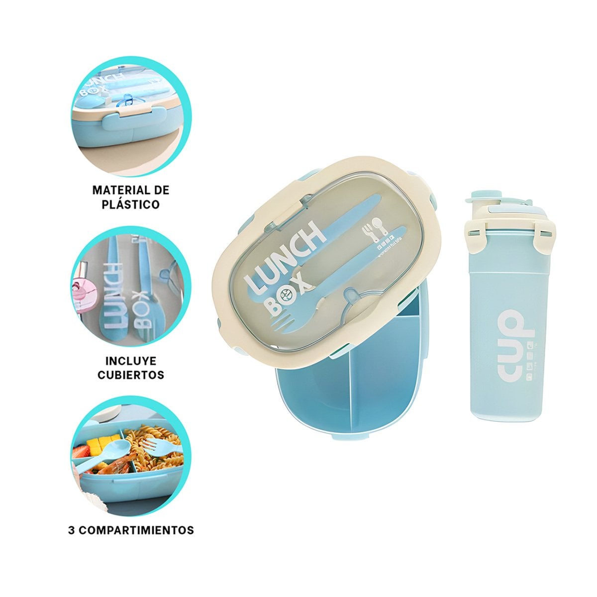 CAJA 850ML CON CUBIERTOS Y TOMATODO 480ML CELESTE MODERNO COMPACTO Y+PAPEL REGALO - 5