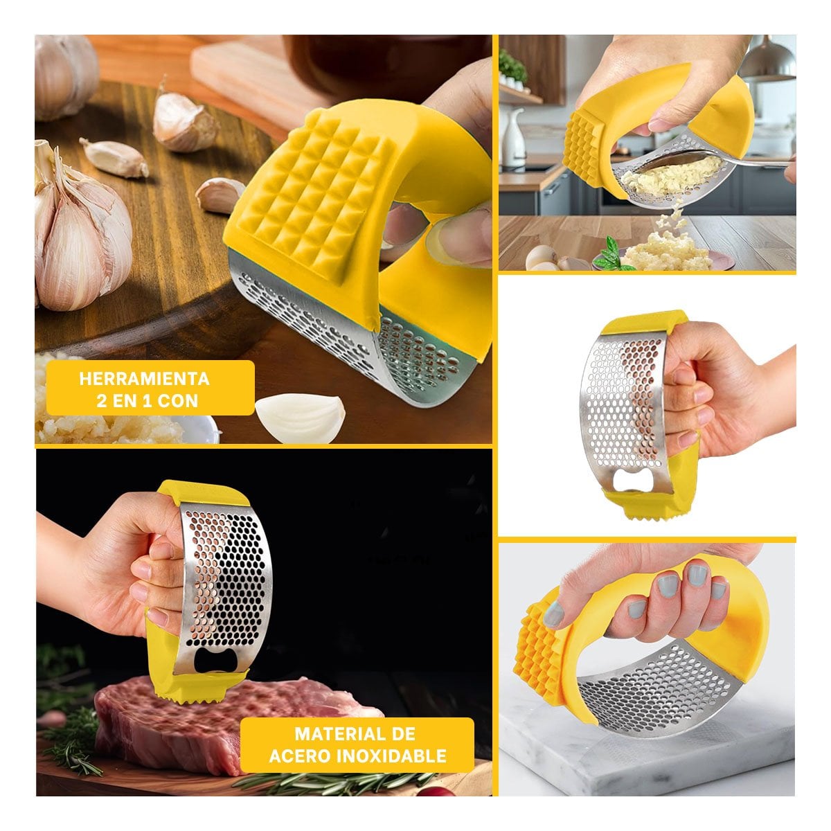 TRITURADOR DE AJO CON MANGO AMARILLO Y PLATEADO EN PLASTICO RESISTENTE YLIGAS REGALO - 1