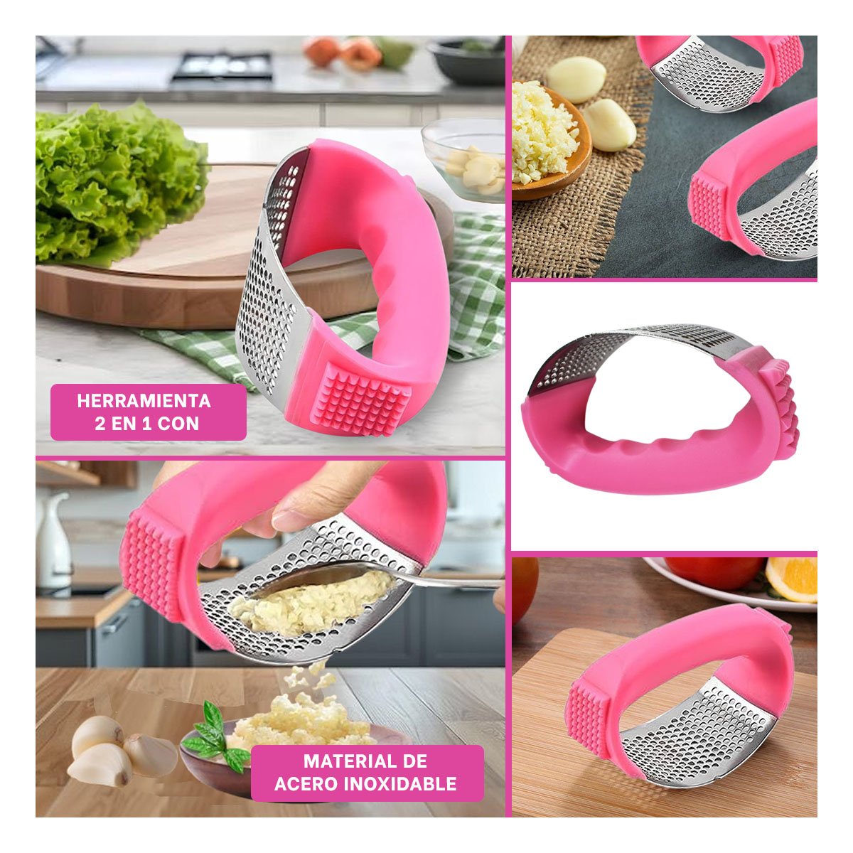 TRITURADOR DE AJO CON MANGO ROSADO Y PLATEADO EN PLASTICO RESISTENTE YLIGAS REGALO - 1