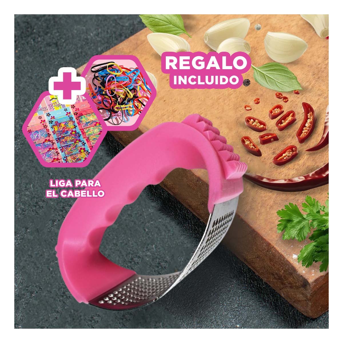 TRITURADOR DE AJO CON MANGO ROSADO Y PLATEADO EN PLASTICO RESISTENTE YLIGAS REGALO - 2