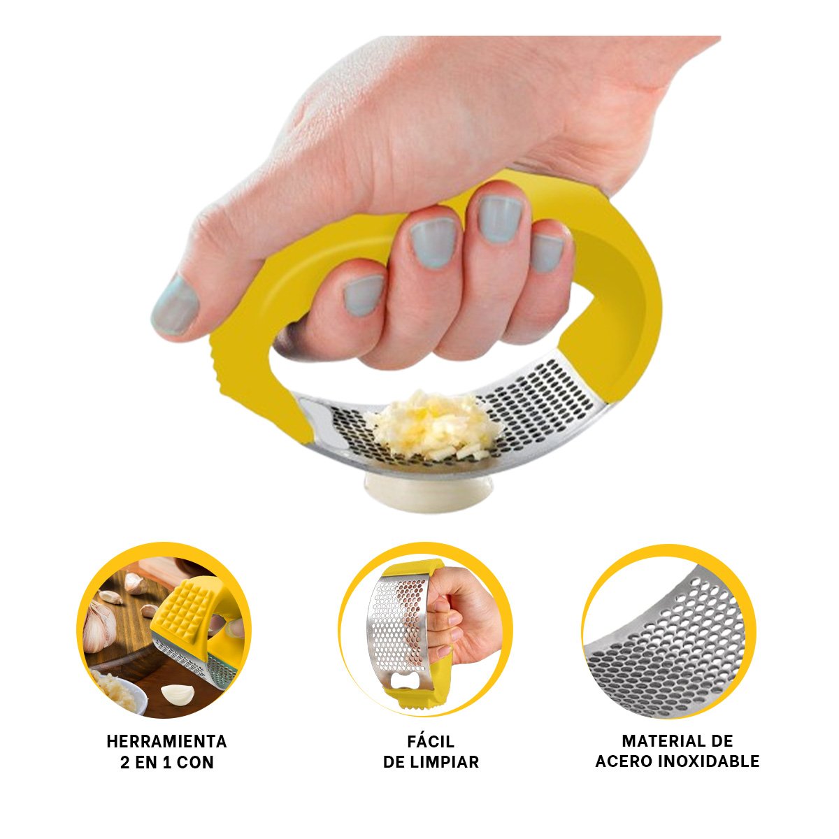 TRITURADOR AMARILLO Y PLATEADO CON MANGO DE PLASTICO PARA AJO EN PREPARACIONES YPOST IT - 5