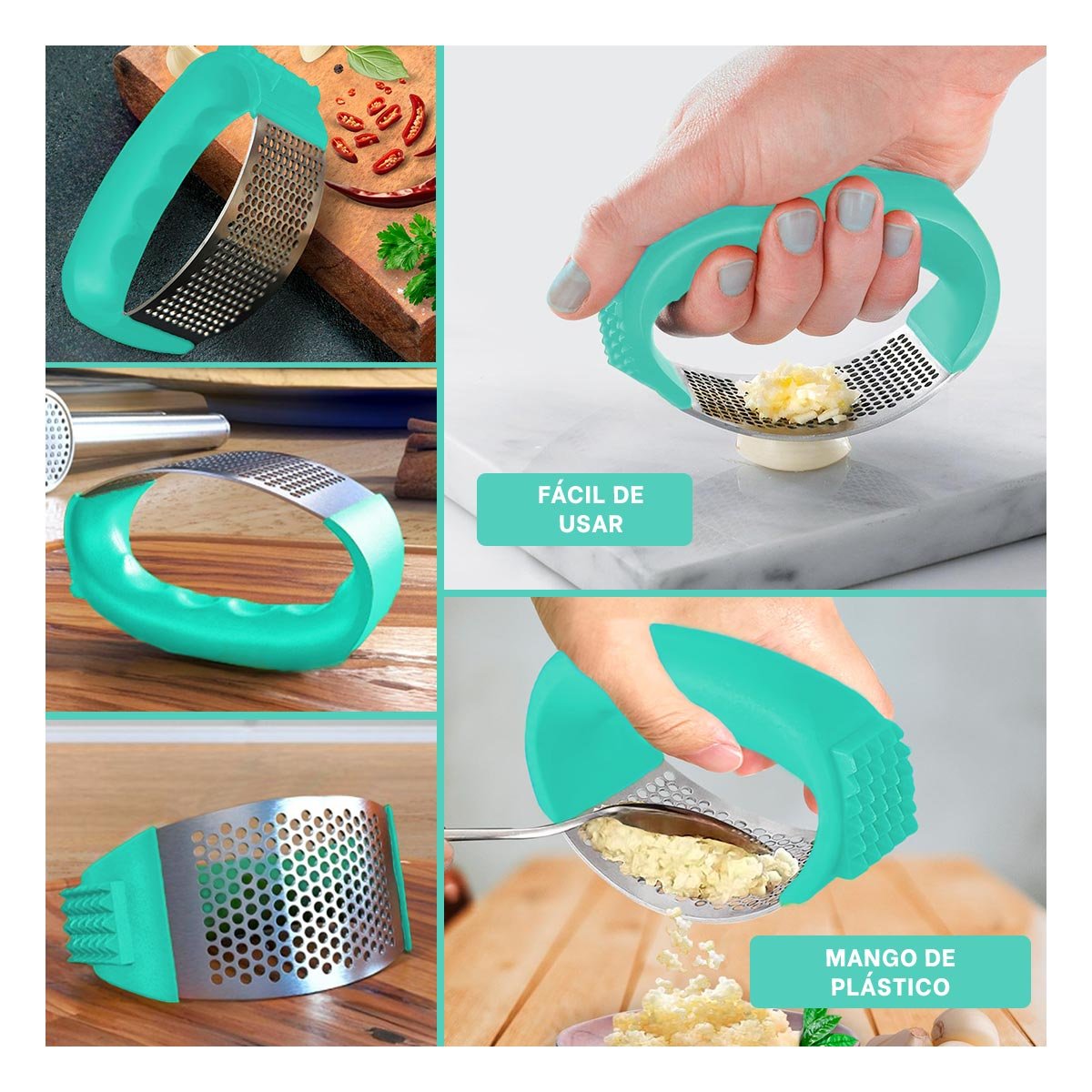 TRITURADOR VERDE AGUA Y PLATEADO CON MANGO DE PLASTICO PARA PREPARAR AJO YPAPEL REGALO - 3