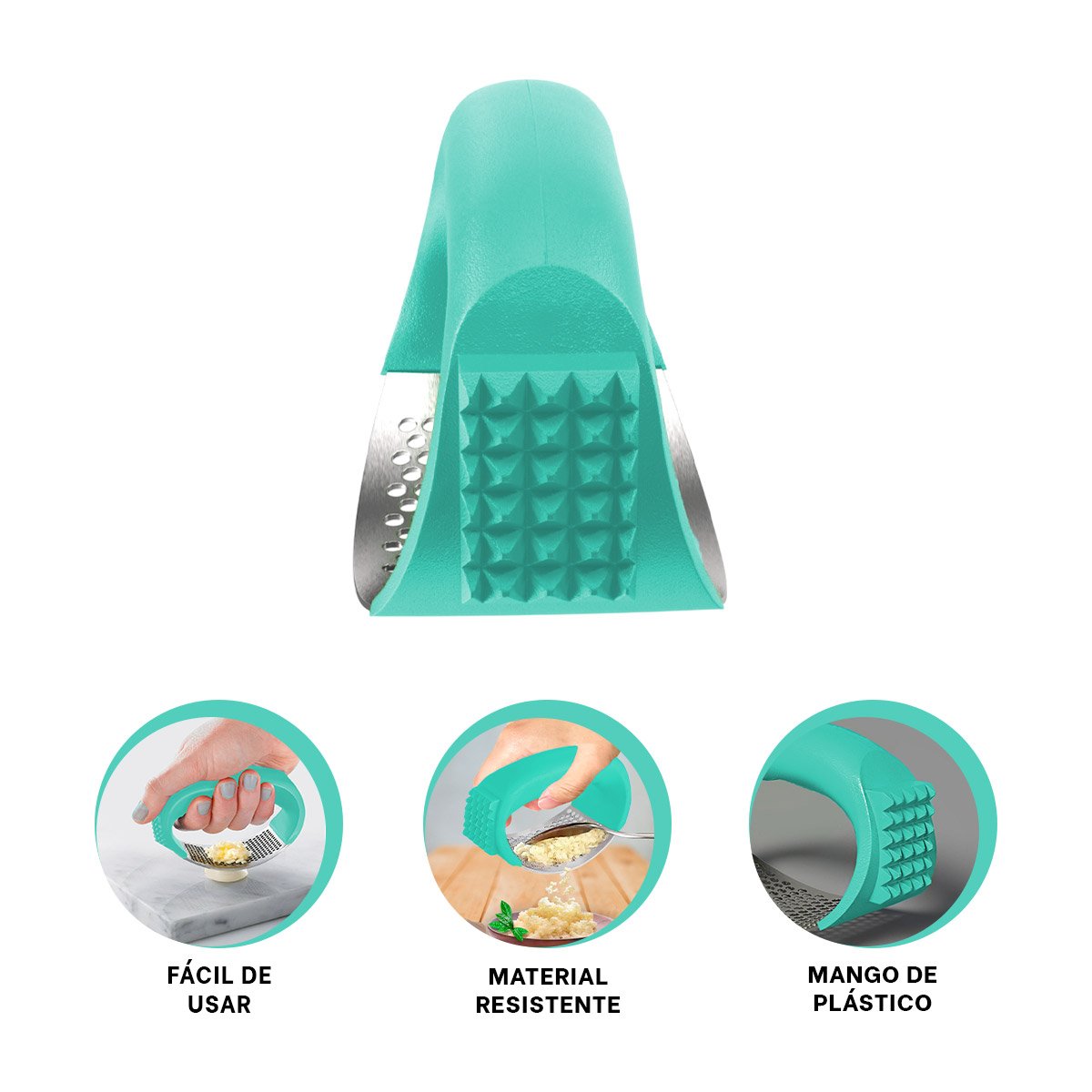 TRITURADOR VERDE AGUA Y PLATEADO CON MANGO DE PLASTICO PARA PREPARAR AJO YPAPEL REGALO - 5