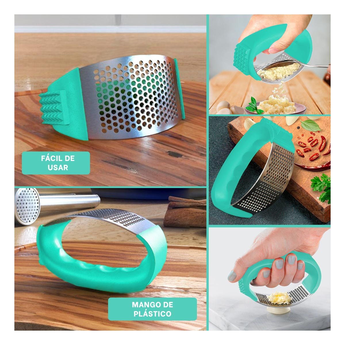 TRITURADOR DE AJO CON MANGO VERDE AGUA Y PLATEADO EN PLASTICO RESISTENTE YLIGAS REGALO - 1