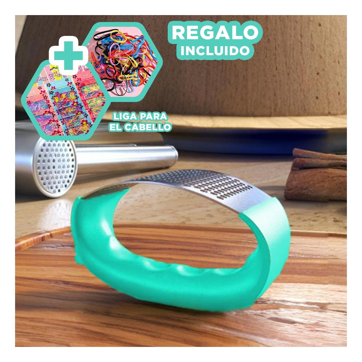 TRITURADOR DE AJO CON MANGO VERDE AGUA Y PLATEADO EN PLASTICO RESISTENTE YLIGAS REGALO - 2