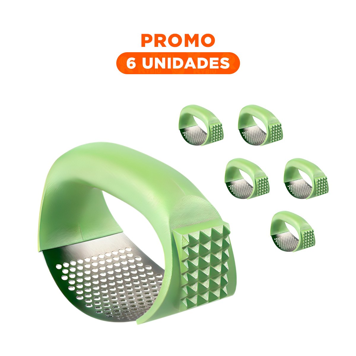 PACK6 PRENSA DE AJO CON MANGO DE PLASTICO VERDE LIMON Y PLATEADO PARA COMIDAS YREGALO STICKER - 1