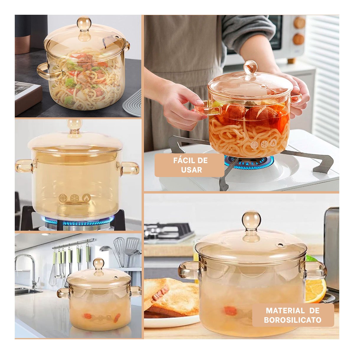 OLLA CON CUERPO MARRON TRANSPARENTE 1,5L Y TAPA RESISTENTE DE BOROSILICATO YPOST IT - 2