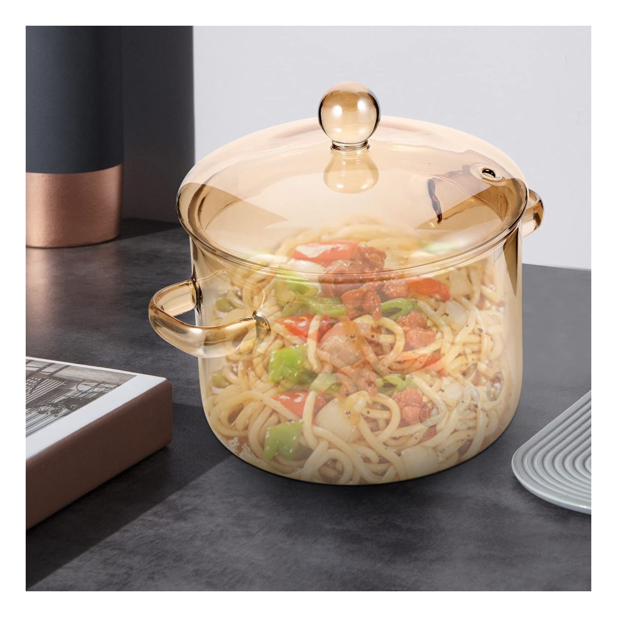 OLLA CON CUERPO MARRON TRANSPARENTE 1,5L Y TAPA RESISTENTE DE BOROSILICATO YPOST IT - 3