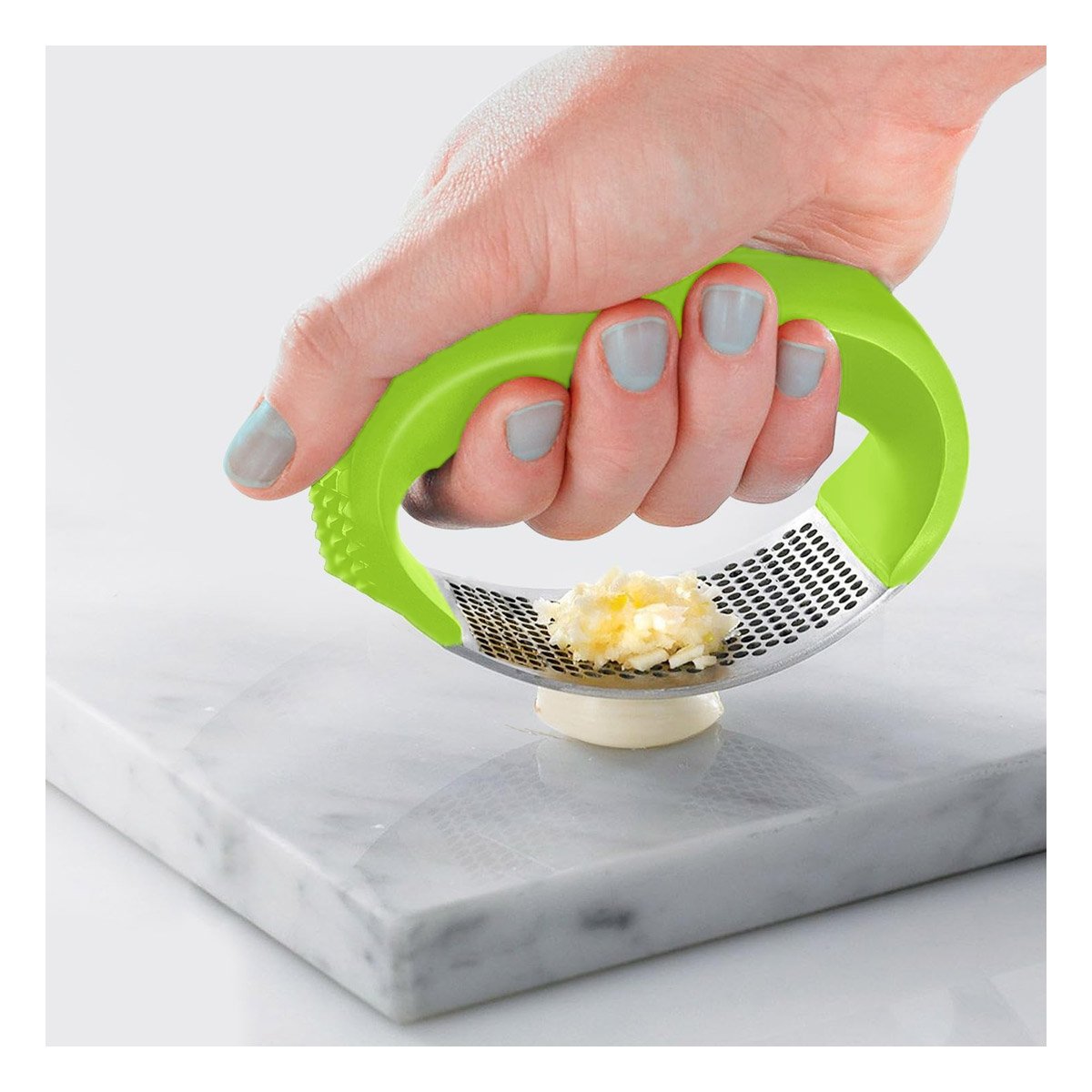 PACK2 APLASTADOR DE PLASTICO CON MANGO VERDE LIMON Y PLATEADO PARA COCINA YPAPEL REGALO - 2