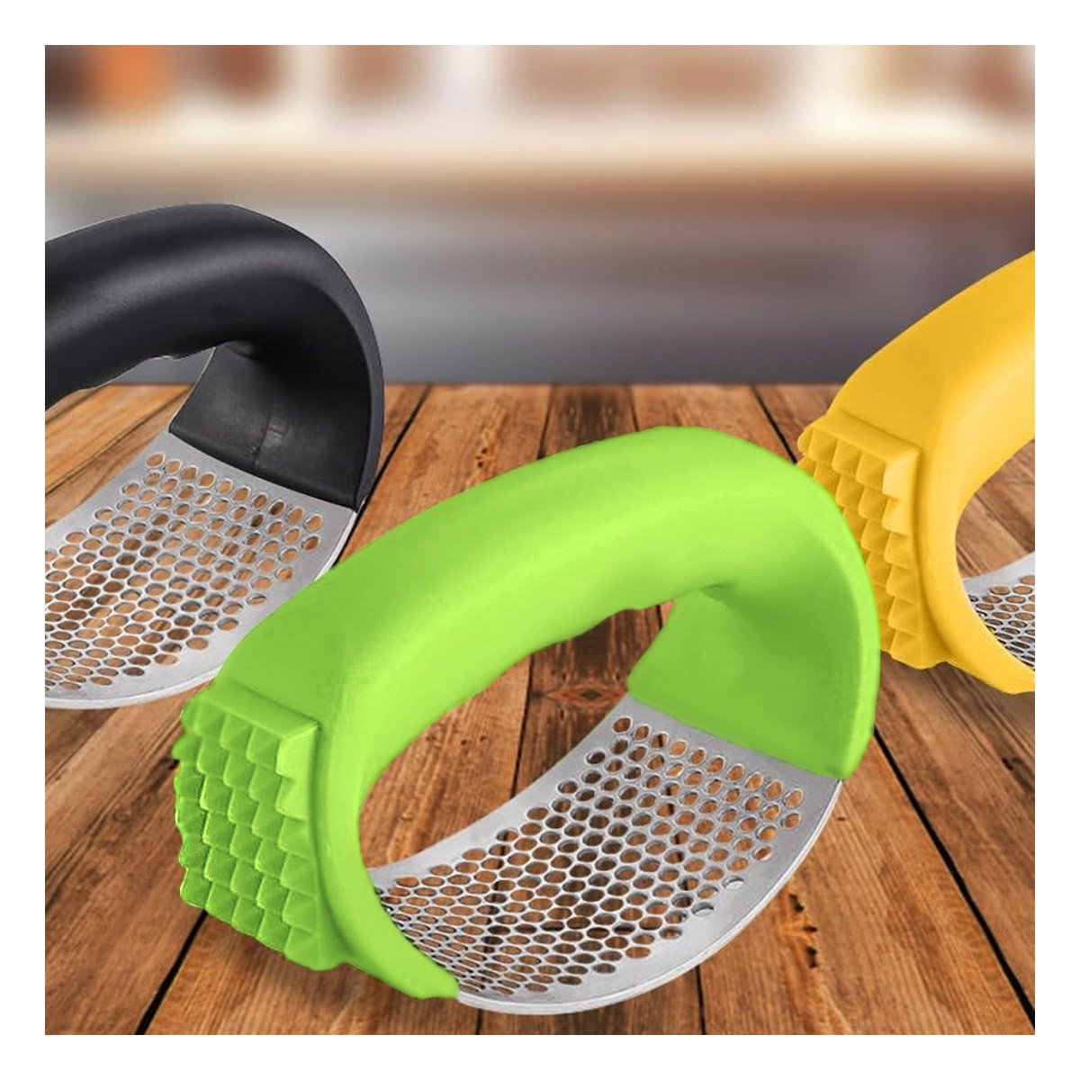 PACK2 APLASTADOR DE PLASTICO CON MANGO VERDE LIMON Y PLATEADO PARA COCINA YPAPEL REGALO - 5