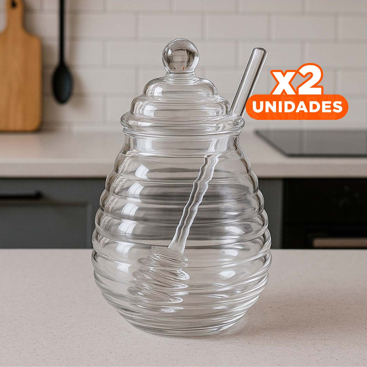 PACK2 CONTENEDOR TRANSPARENTE PARA MIEL 450ML EN VIDRIO CON PALO DE MIEL - 1