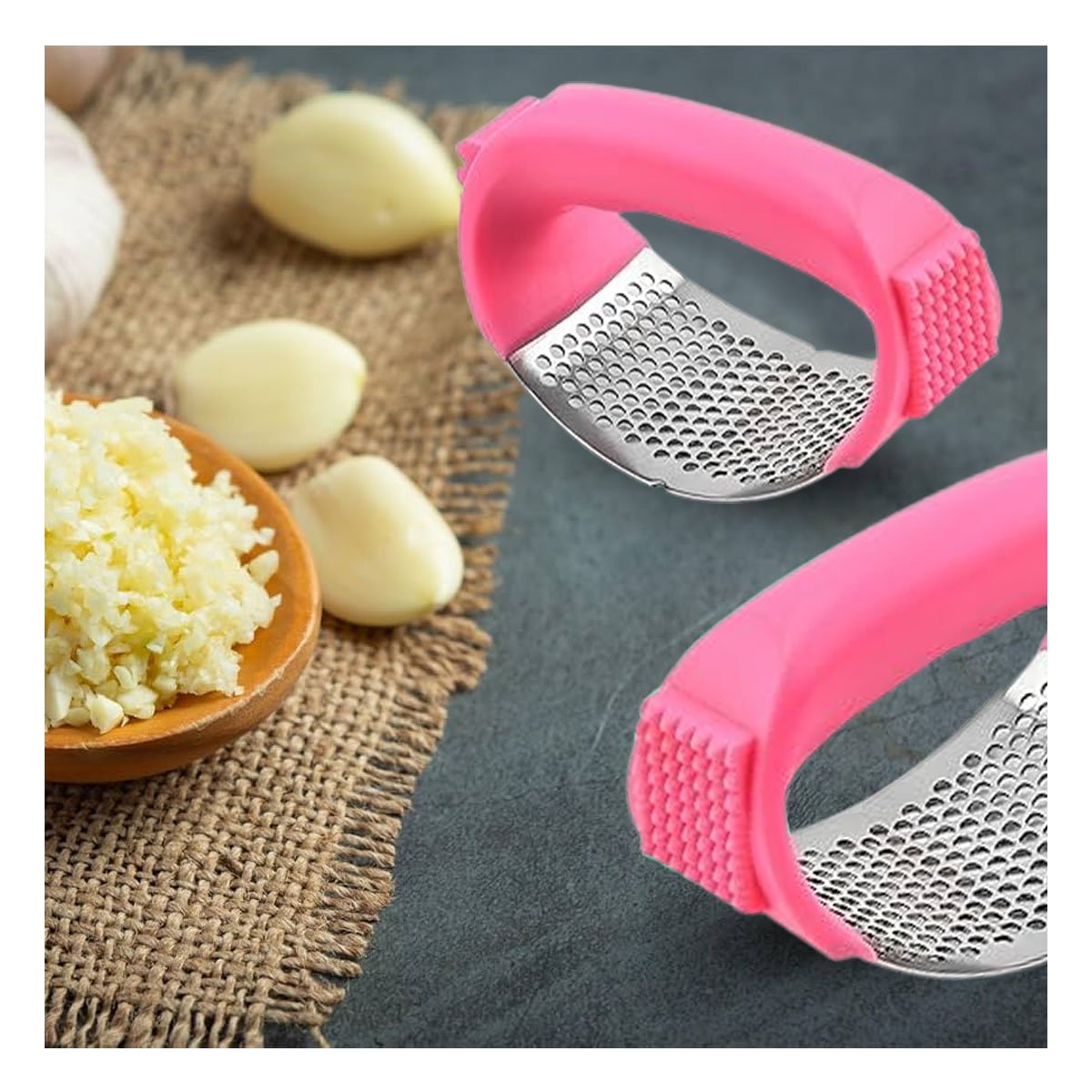 PACK2 APLASTADOR ROSADO Y PLATEADO CON MANGO DE PLASTICO PARA AJO FRESCO - 5