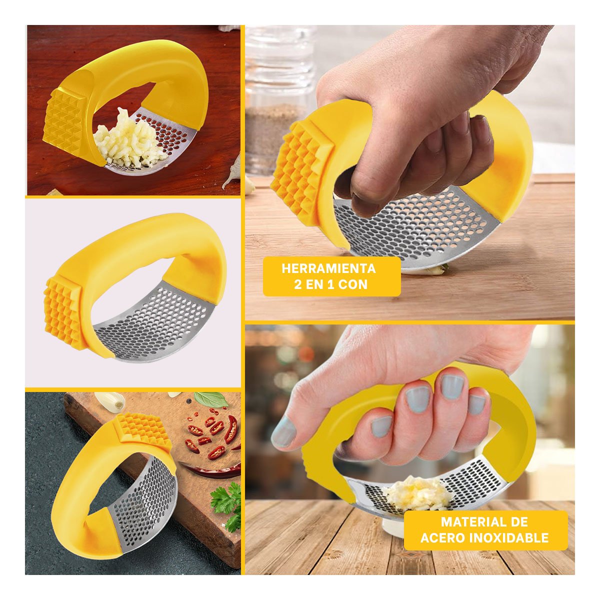 PACK4 PICADOR DE AJO CON MANGO COMODO AMARILLO Y PLATEADO EN PLASTICO YREGALO STICKER - 2