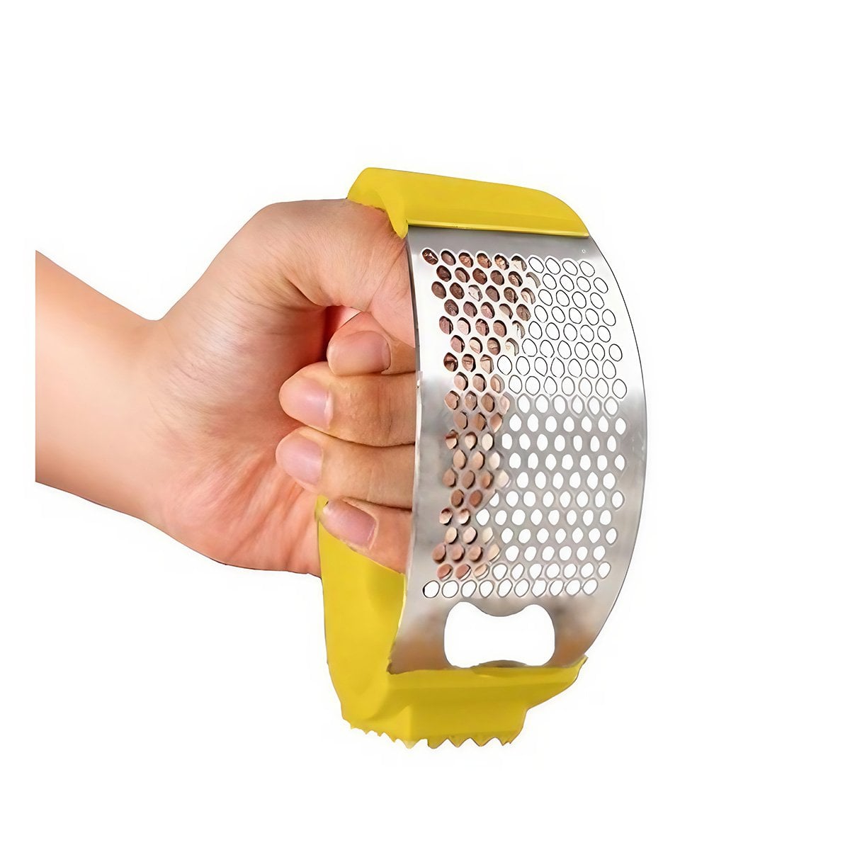 PACK6 PRENSA DE AJO CON MANGO DE PLASTICO AMARILLO Y PLATEADO PARA COMIDAS YREGALO STICKER - 2