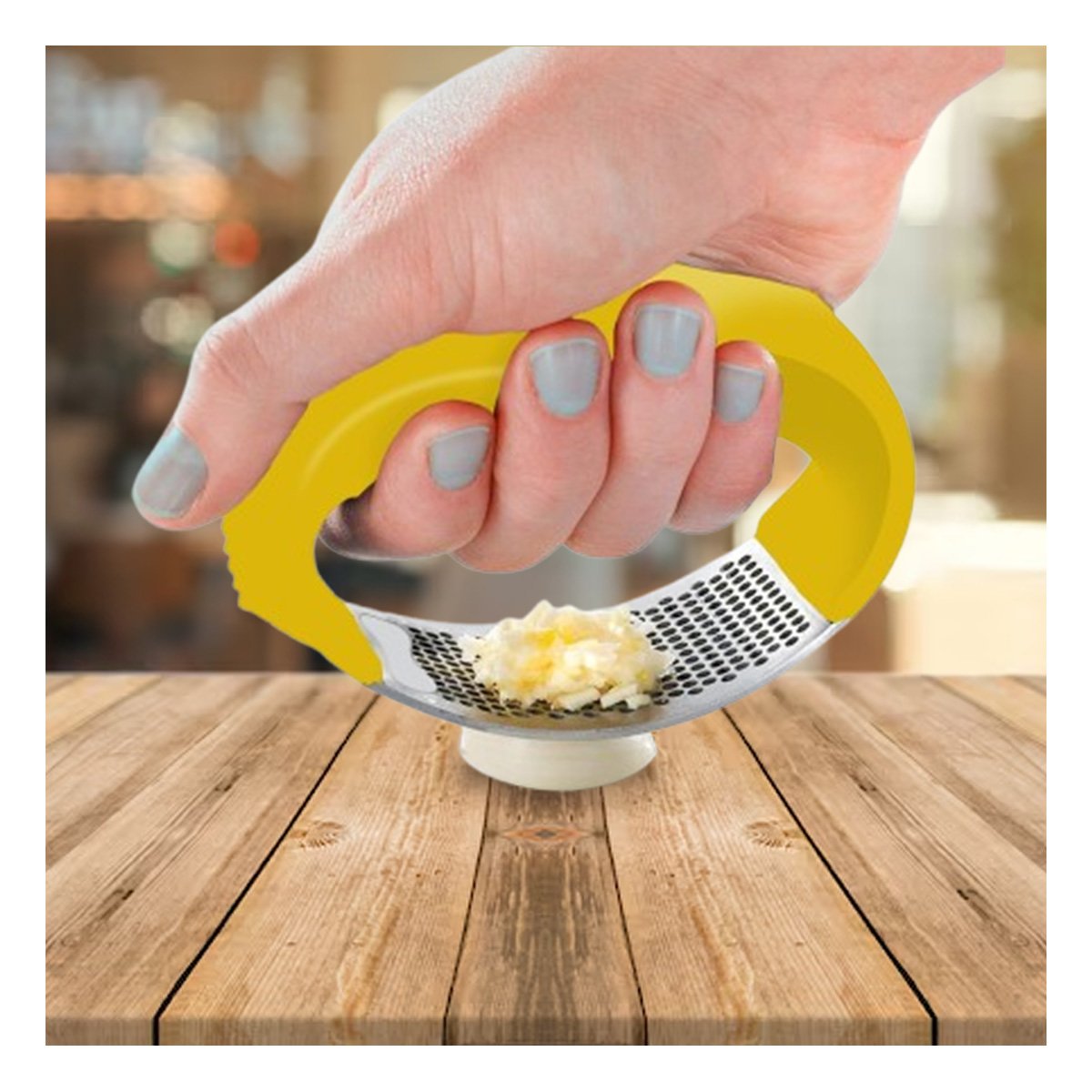 PACK6 PRENSA DE AJO CON MANGO DE PLASTICO AMARILLO Y PLATEADO PARA COMIDAS YREGALO STICKER - 3