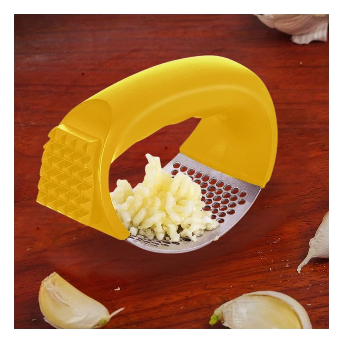 PACK6 PRENSA DE AJO CON MANGO DE PLASTICO AMARILLO Y PLATEADO PARA COMIDAS YREGALO STICKER - 5