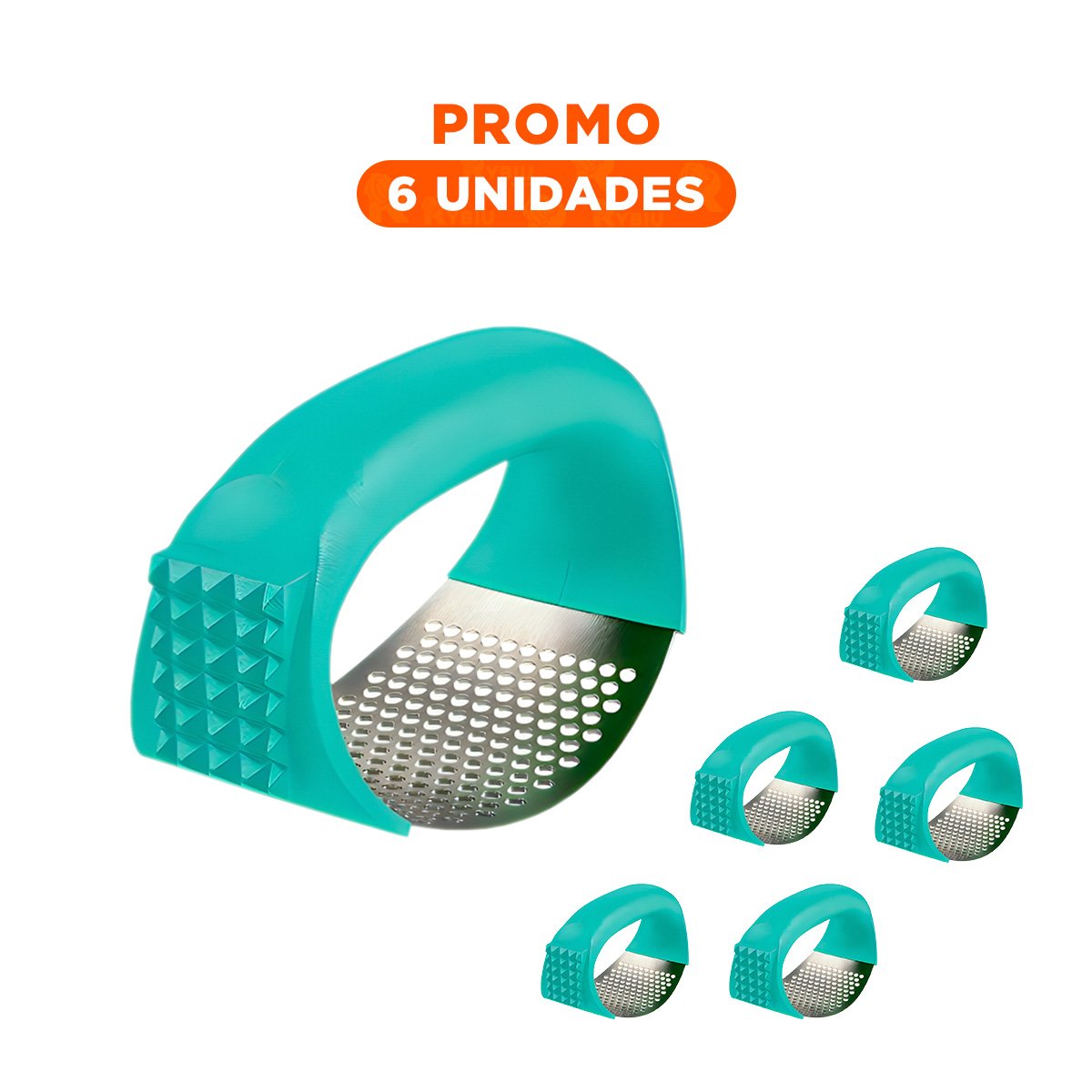 PACK6 PRENSA DE AJO CON MANGO DE PLASTICO VERDE AGUA Y PLATEADO PARA COMIDAS YREGALO STICKER - 1