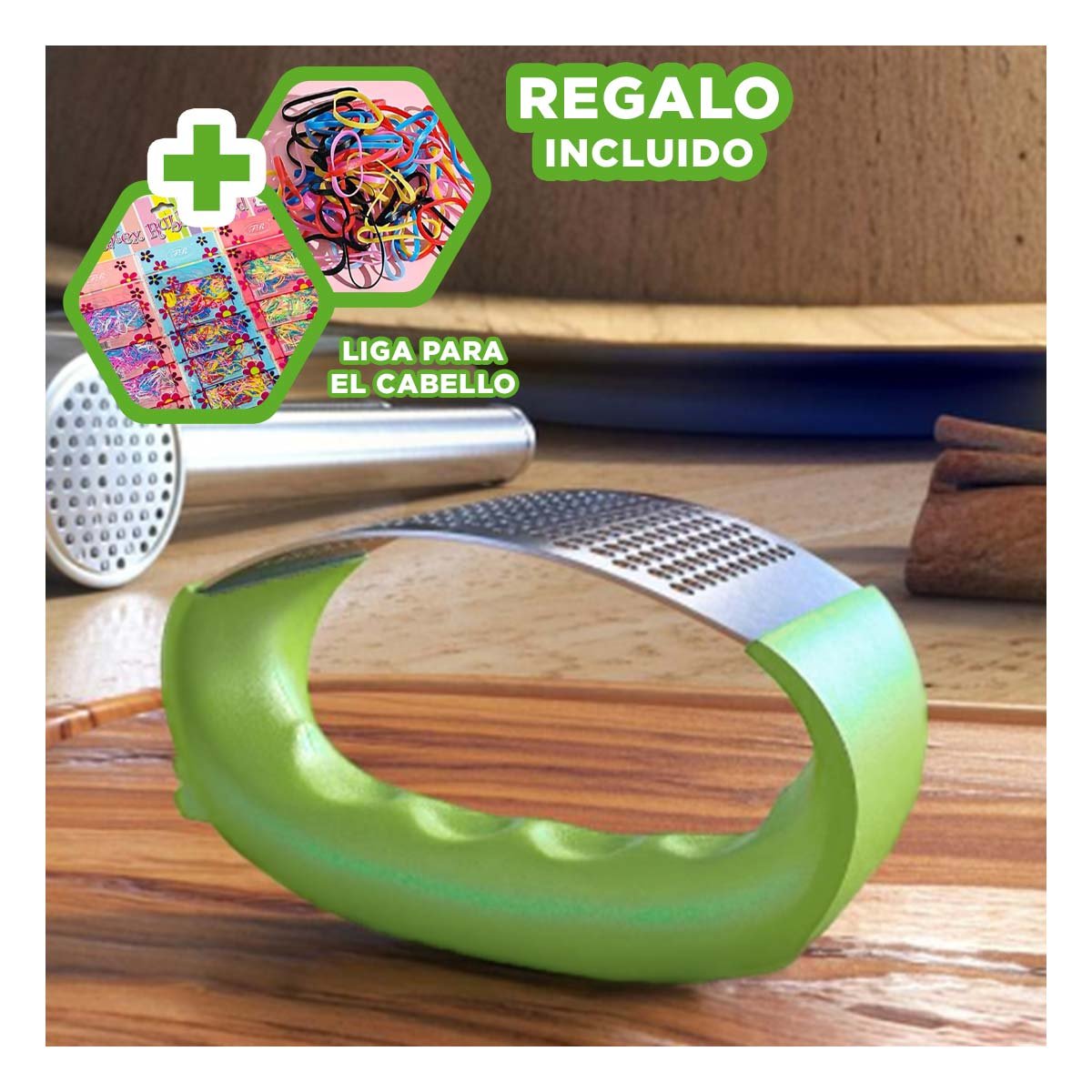 TRITURADOR DE AJO CON MANGO VERDE LIMON Y PLATEADO EN PLASTICO RESISTENTE YLIGAS REGALO - 2