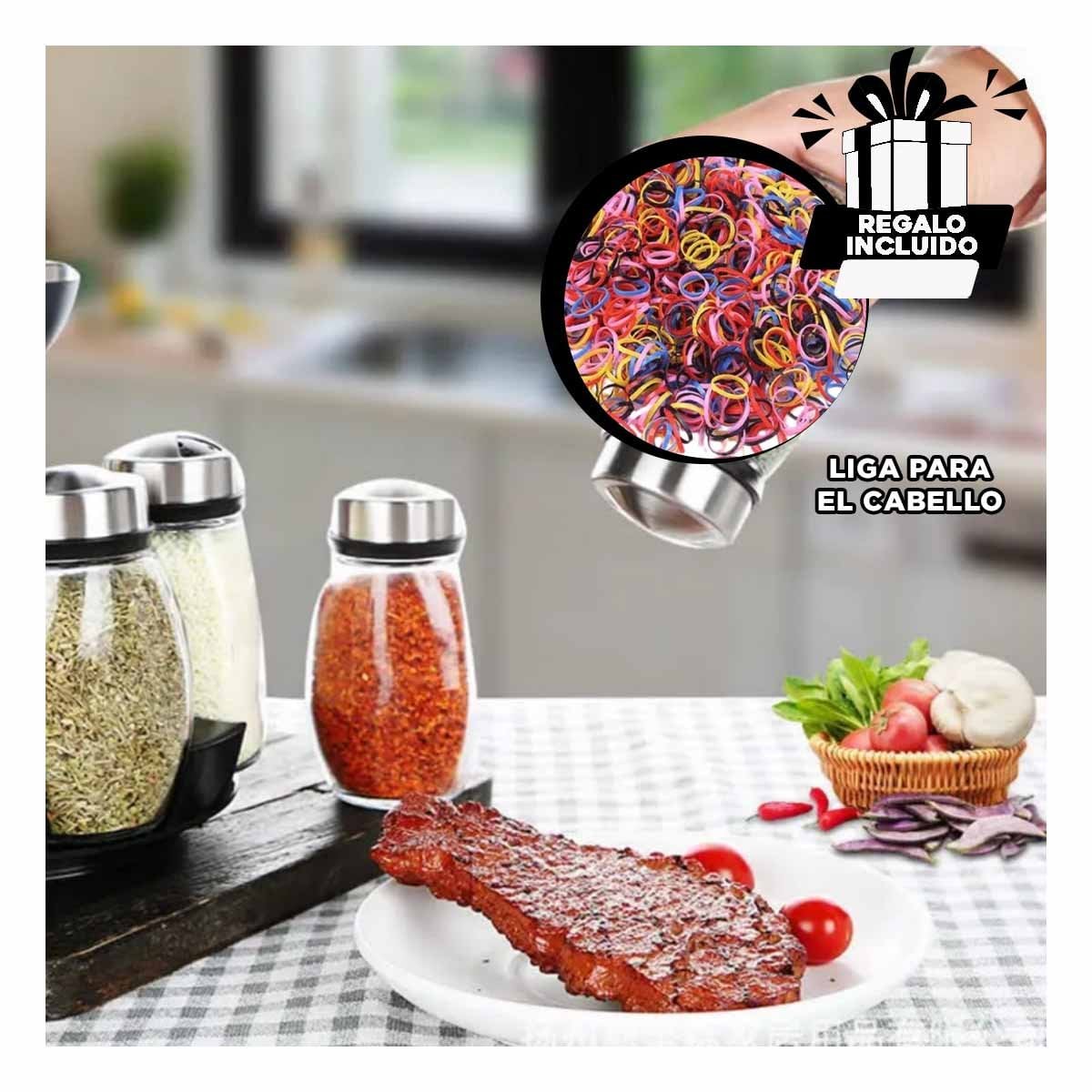 CONDIMENTERO DE COCINA DE COLOR PLATEADO CON 6 FRASCOS Y GIRO SUAVE YLIGAS REGALO - 2