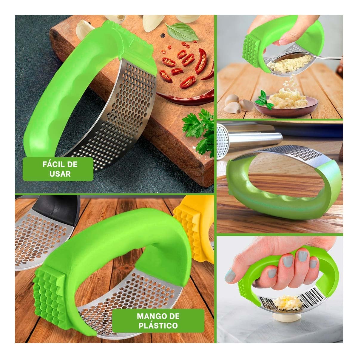 TRITURADOR DE AJO CON MANGO DE PLASTICO VERDE LIMON Y PLATEADO PARA COCINA ORGANIZADA - 2