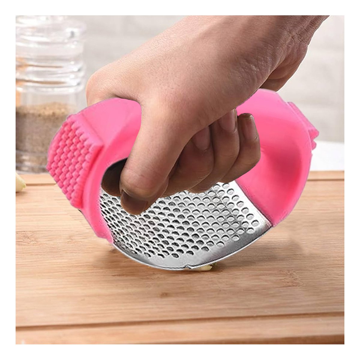 TRITURADOR DE COCINA CON MANGO ROSADO Y PLATEADO DE PLASTICO PARA USO DIARIO YREGALO STICKER - 2