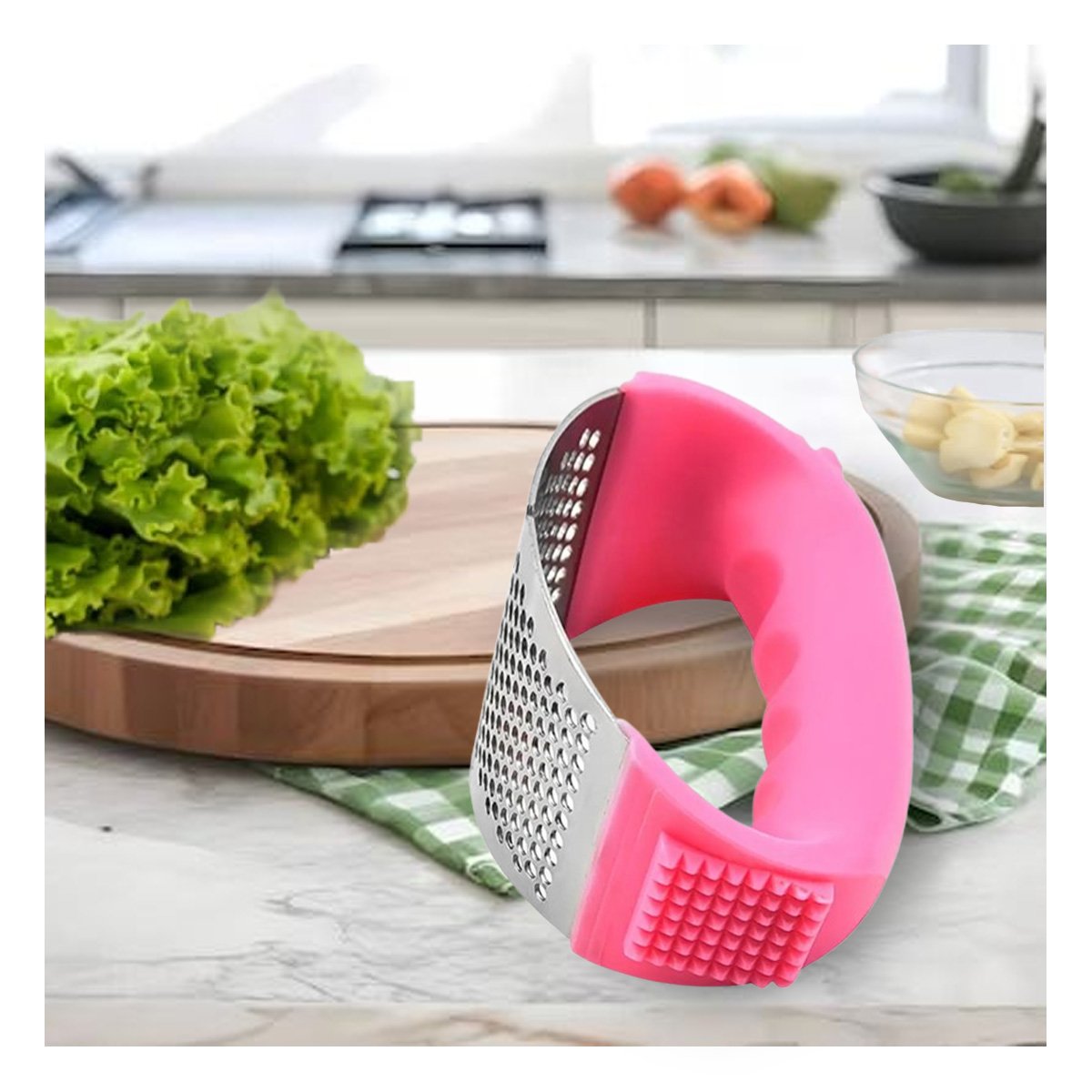 TRITURADOR DE COCINA CON MANGO ROSADO Y PLATEADO DE PLASTICO PARA USO DIARIO YREGALO STICKER - 5