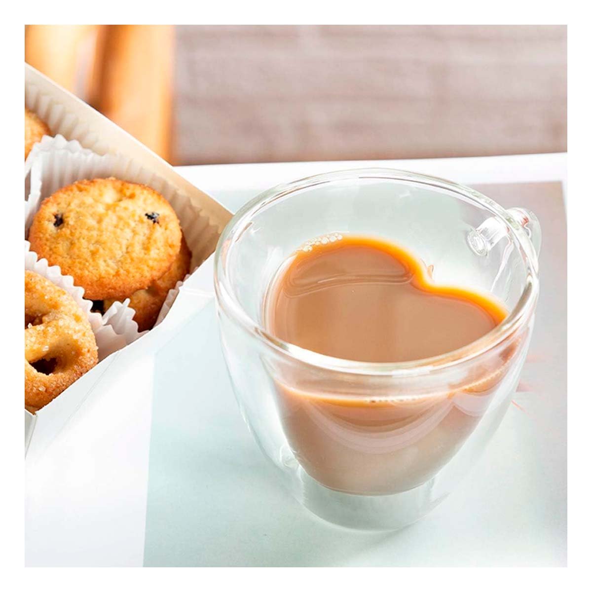 TAZA DE 250ML EN VIDRIO COLOR TRANSPARENTE BASE FIRME CON FORMA DE CORAZON YPAPEL REGALO - 1