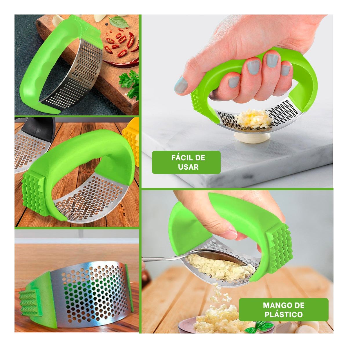 PACK4 PICADOR DE AJO CON MANGO COMODO VERDE LIMON Y PLATEADO EN PLASTICO YREGALO STICKER - 2