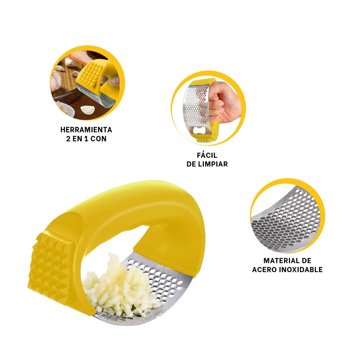 TRITURADOR AMARILLO Y PLATEADO CON MANGO DE PLASTICO PARA PREPARAR AJO YPAPEL REGALO - 5
