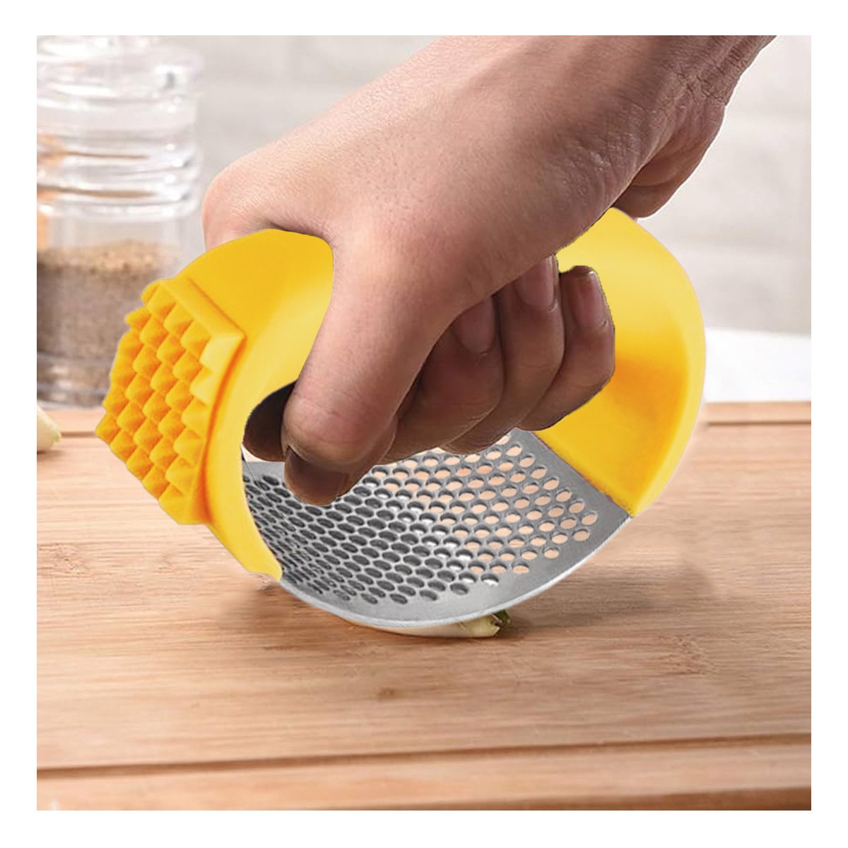 PACK12 PRENSA DE AJO CON MANGO RESISTENTE AMARILLO Y PLATEADO EN PLASTICO YPAPEL REGALO - 2