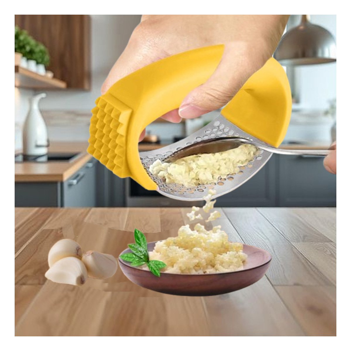 PACK12 PRENSA DE AJO CON MANGO RESISTENTE AMARILLO Y PLATEADO EN PLASTICO YPAPEL REGALO - 3