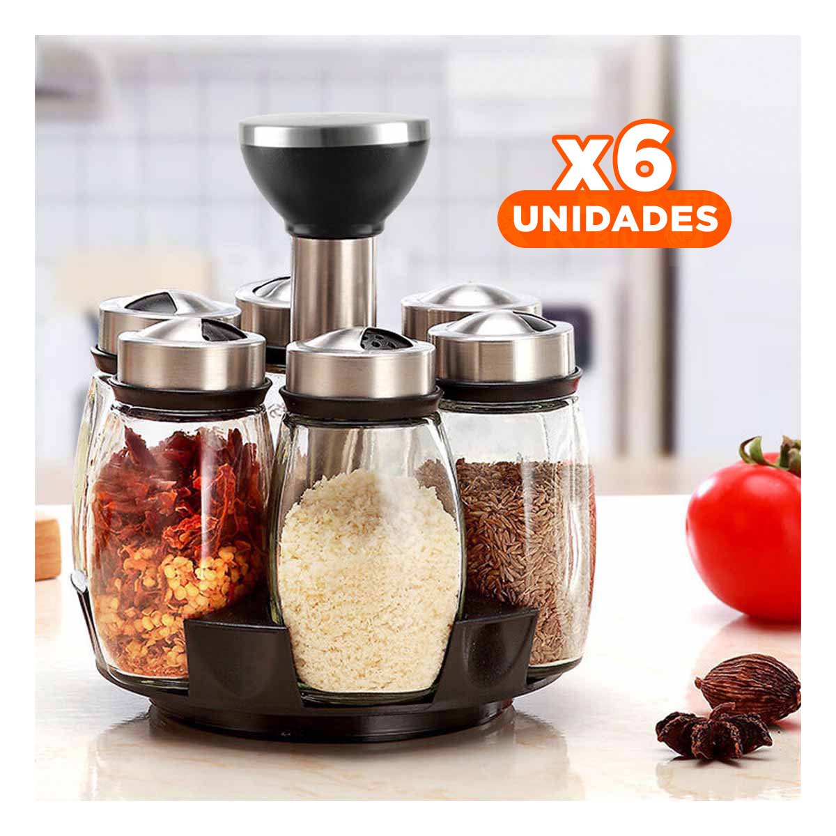 PACK6 SET DE COCINA DE COLOR PLATEADO CON 6 FRASCOS EN BASE GIRATORIA - 1